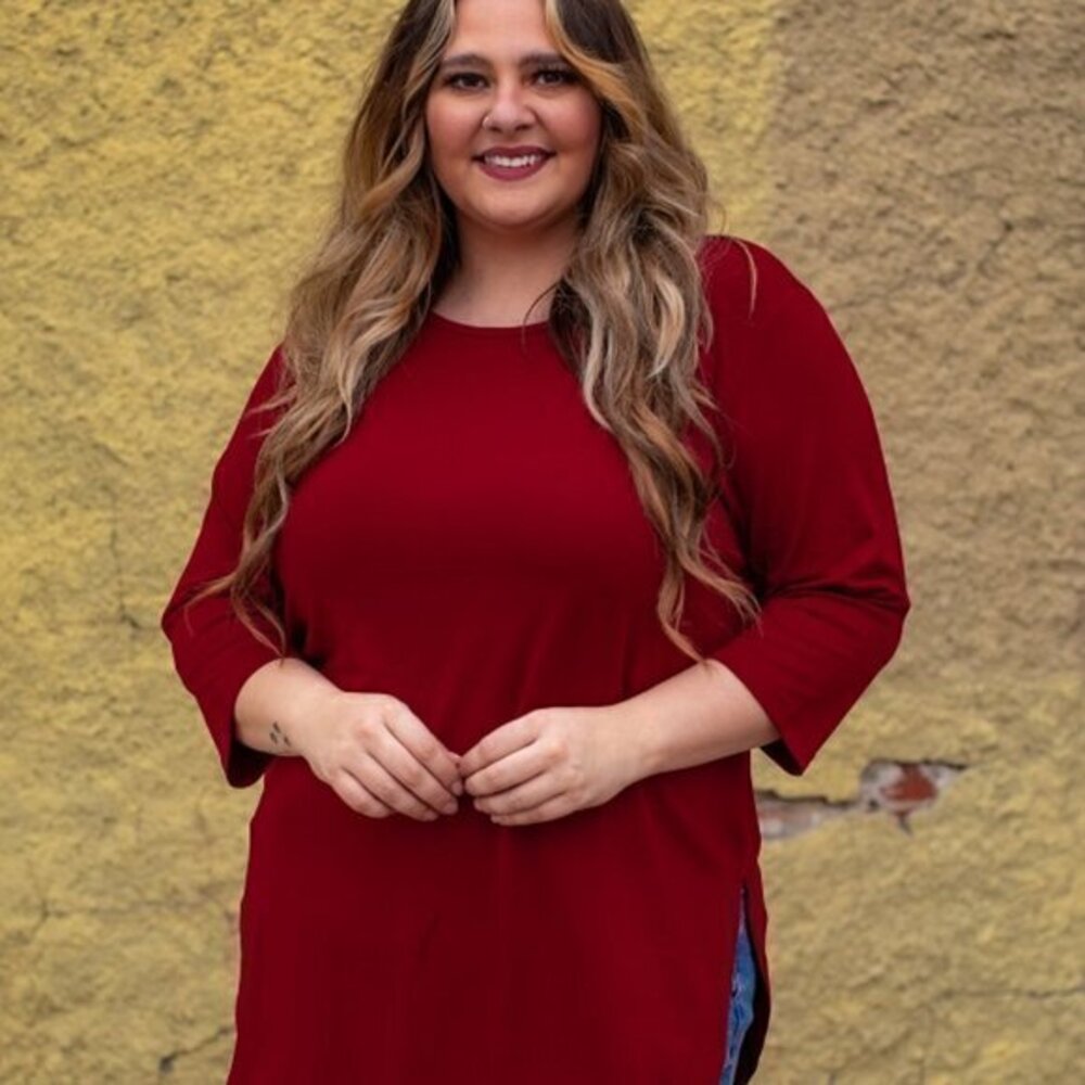 Tunic with Elbow Sleeves and Side Slits Wine Color Size 3X